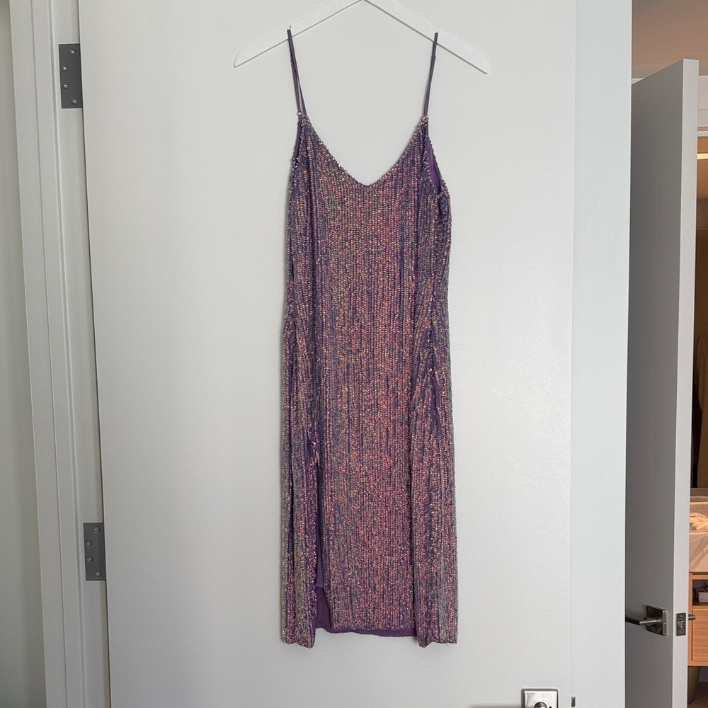 Retrofete- Shimmery Purple Midi Slip Dress with Spaghetti Straps